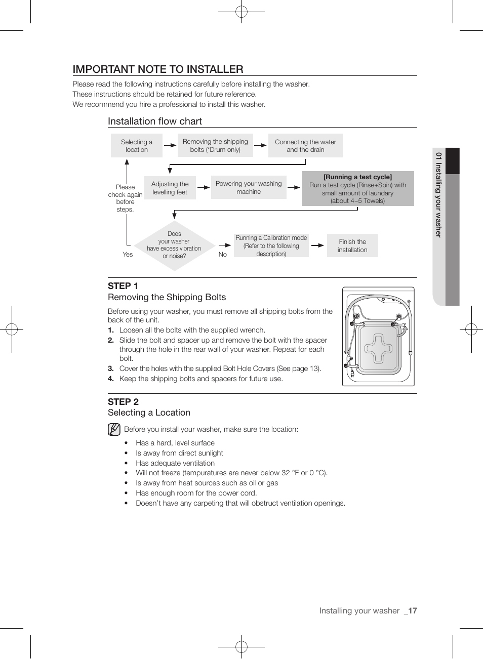 Installation flow chart | Samsung WF393BTPARA-A1 User Manual | Page 17 / 132