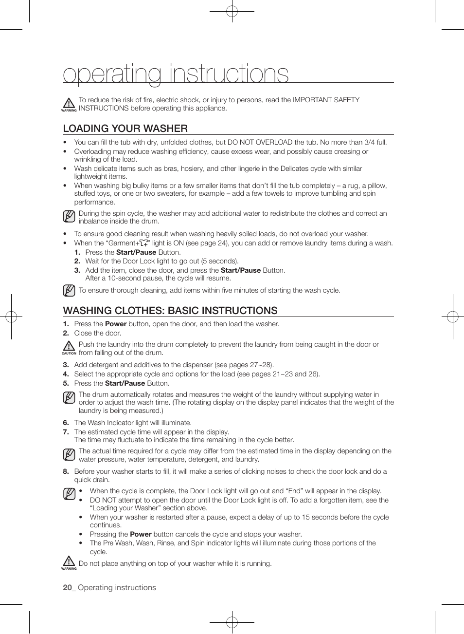 Operating instructions, Loading your washer, Washing clothes: basic instructions | Samsung WF393BTPARA-A1 User Manual | Page 20 / 132