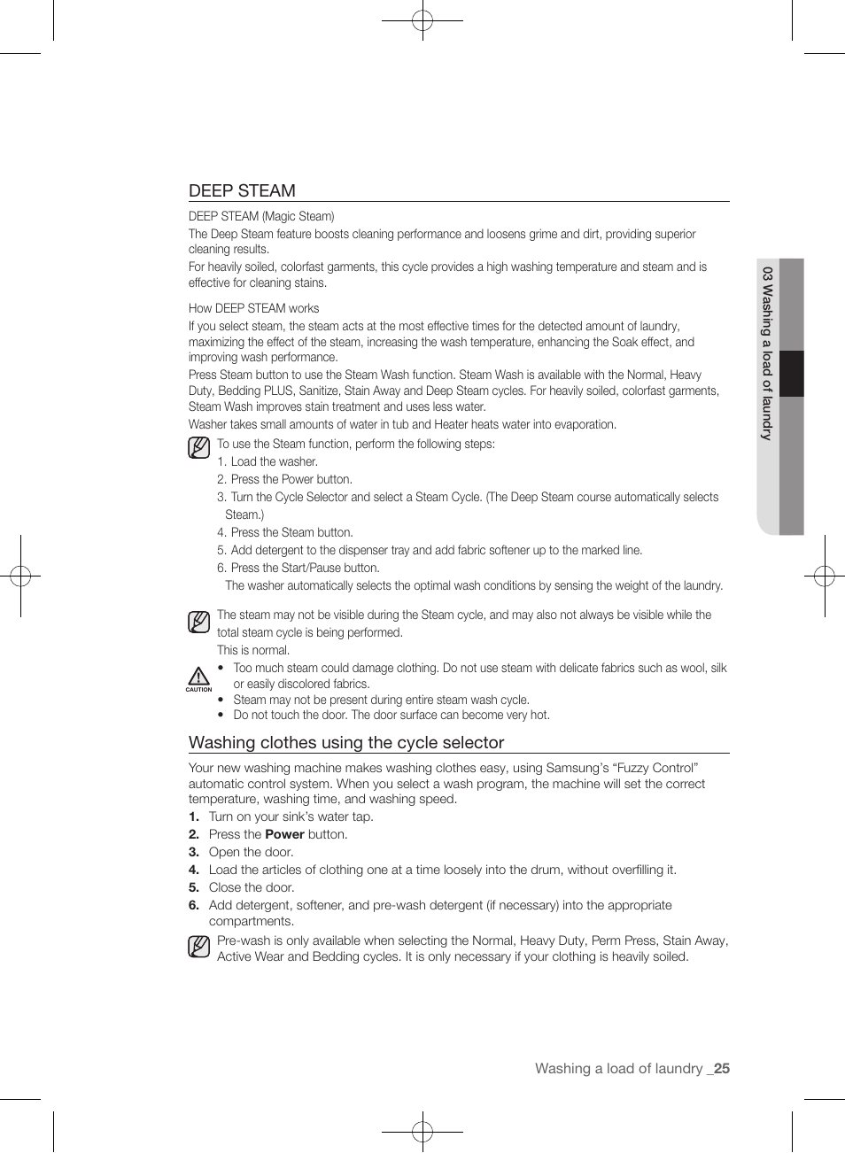 Deep steam, Washing clothes using the cycle selector | Samsung WF393BTPARA-A1 User Manual | Page 25 / 132