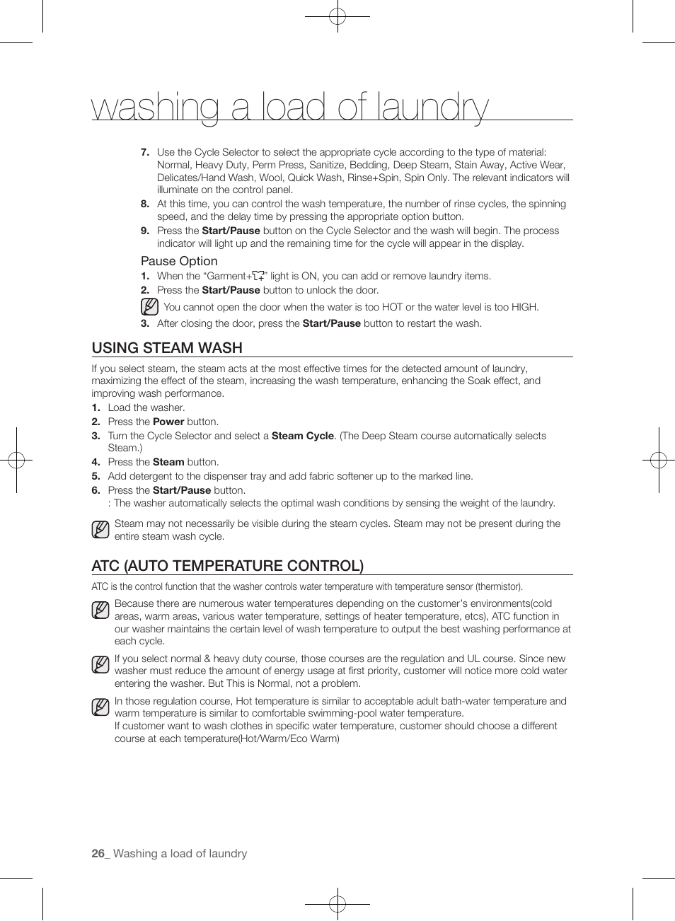 Washing a load of laundry, Using steam wash, Atc (auto temperature control) | Samsung WF393BTPARA-A1 User Manual | Page 26 / 132
