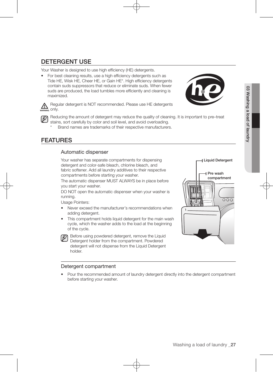Detergent use, Features | Samsung WF393BTPARA-A1 User Manual | Page 27 / 132