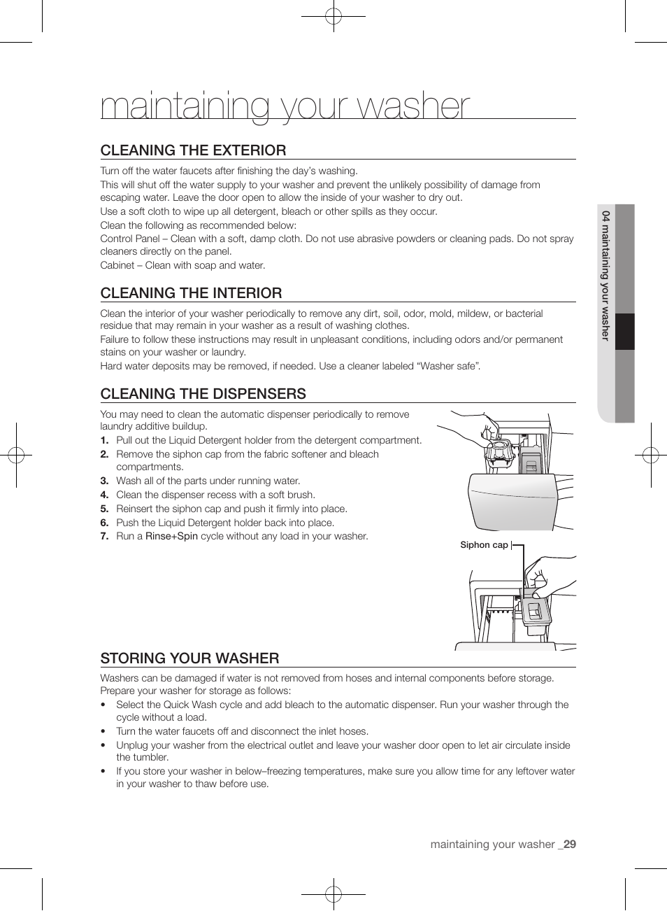 Maintaining your washer, Cleaning the exterior, Cleaning the interior | Cleaning the dispensers, Storing your washer | Samsung WF393BTPARA-A1 User Manual | Page 29 / 132