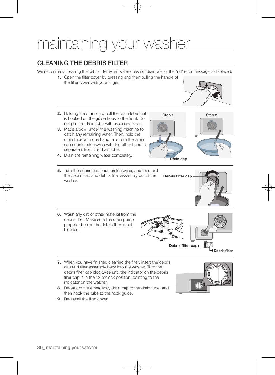 Maintaining your washer, Cleaning the debris filter | Samsung WF393BTPARA-A1 User Manual | Page 30 / 132
