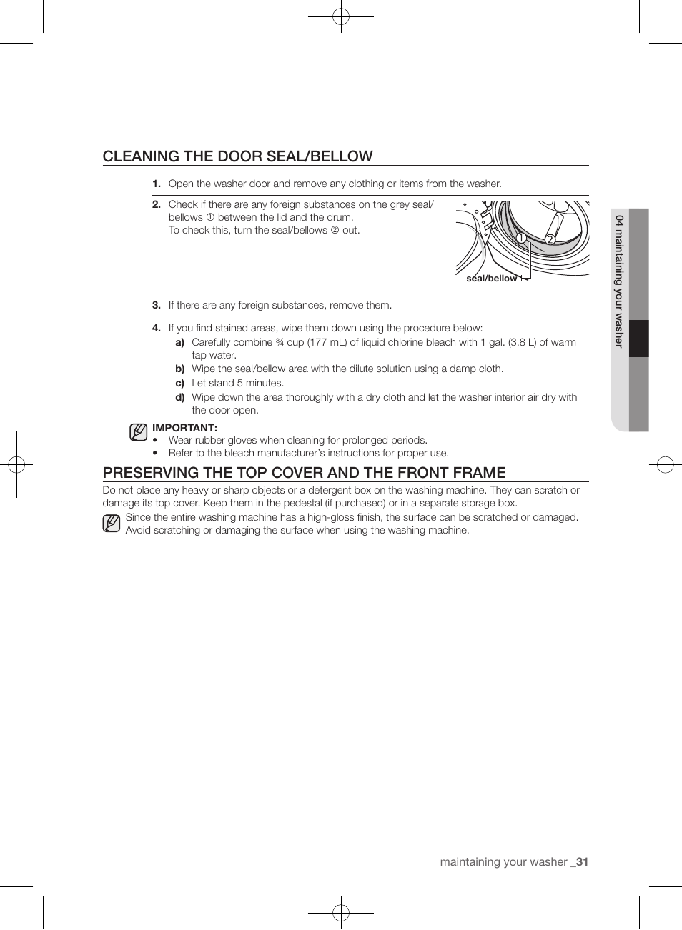 Cleaning the door seal/bellow, Preserving the top cover and the front frame | Samsung WF393BTPARA-A1 User Manual | Page 31 / 132