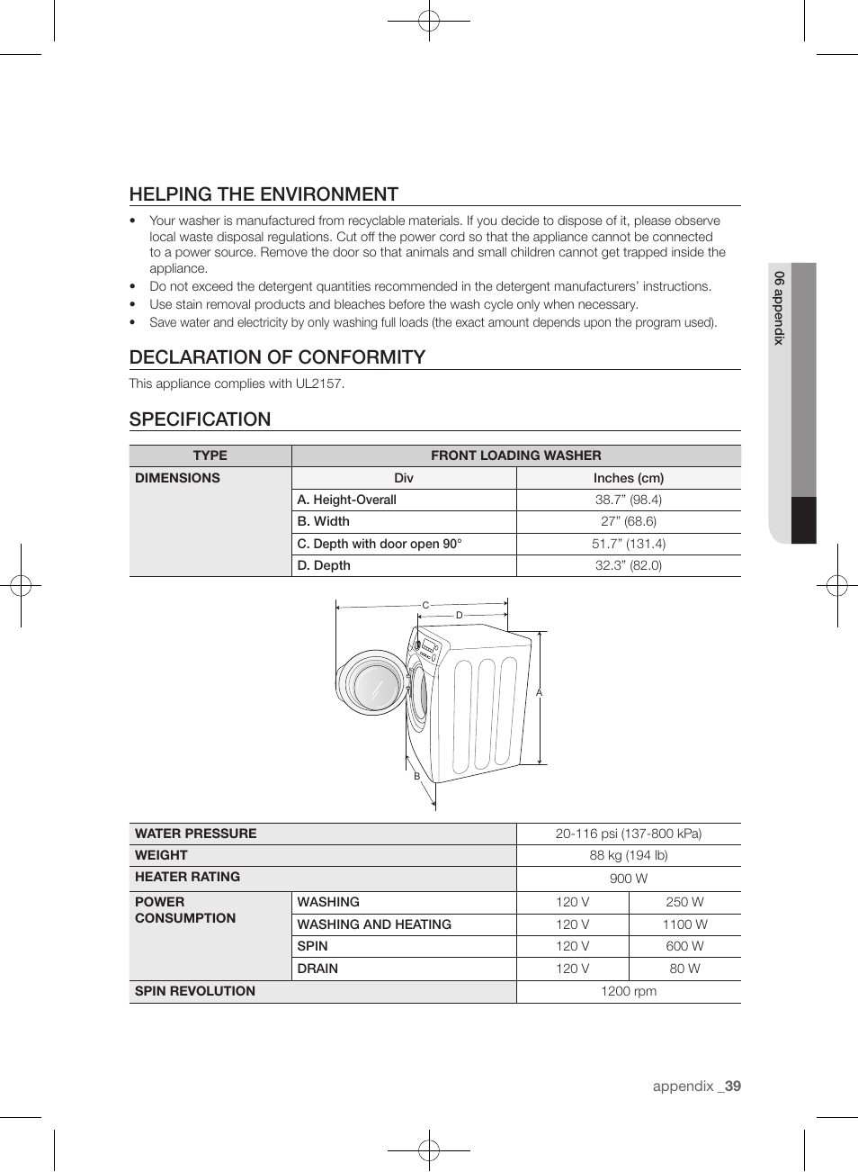Helping the environment, Declaration of conformity, Specification | Samsung WF393BTPARA-A1 User Manual | Page 39 / 132