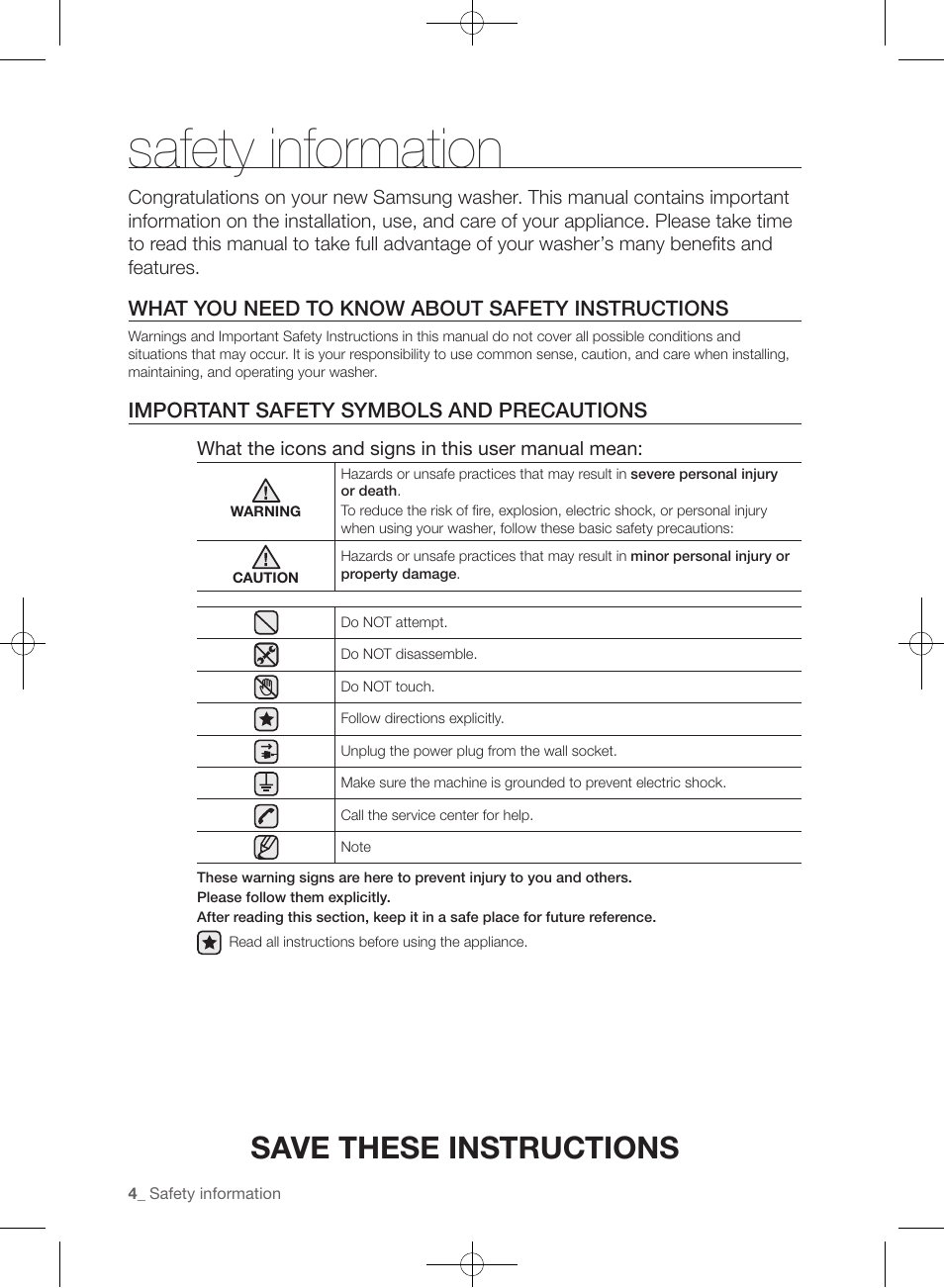 Safety information, Save these instructions, What you need to know about safety instructions | Important safety symbols and precautions | Samsung WF393BTPARA-A1 User Manual | Page 4 / 132