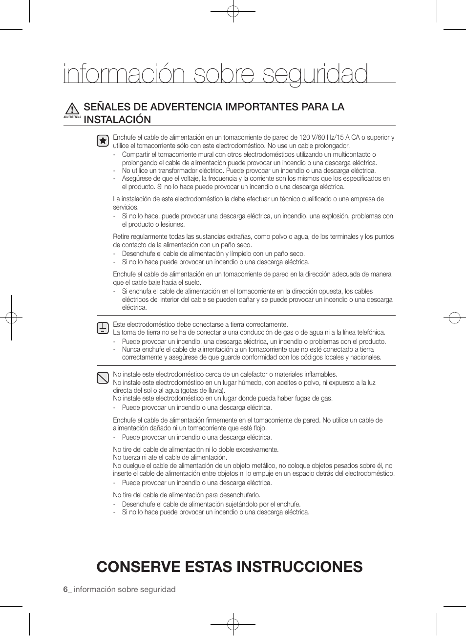 Información sobre seguridad, Conserve estas instrucciones | Samsung WF393BTPARA-A1 User Manual | Page 50 / 132