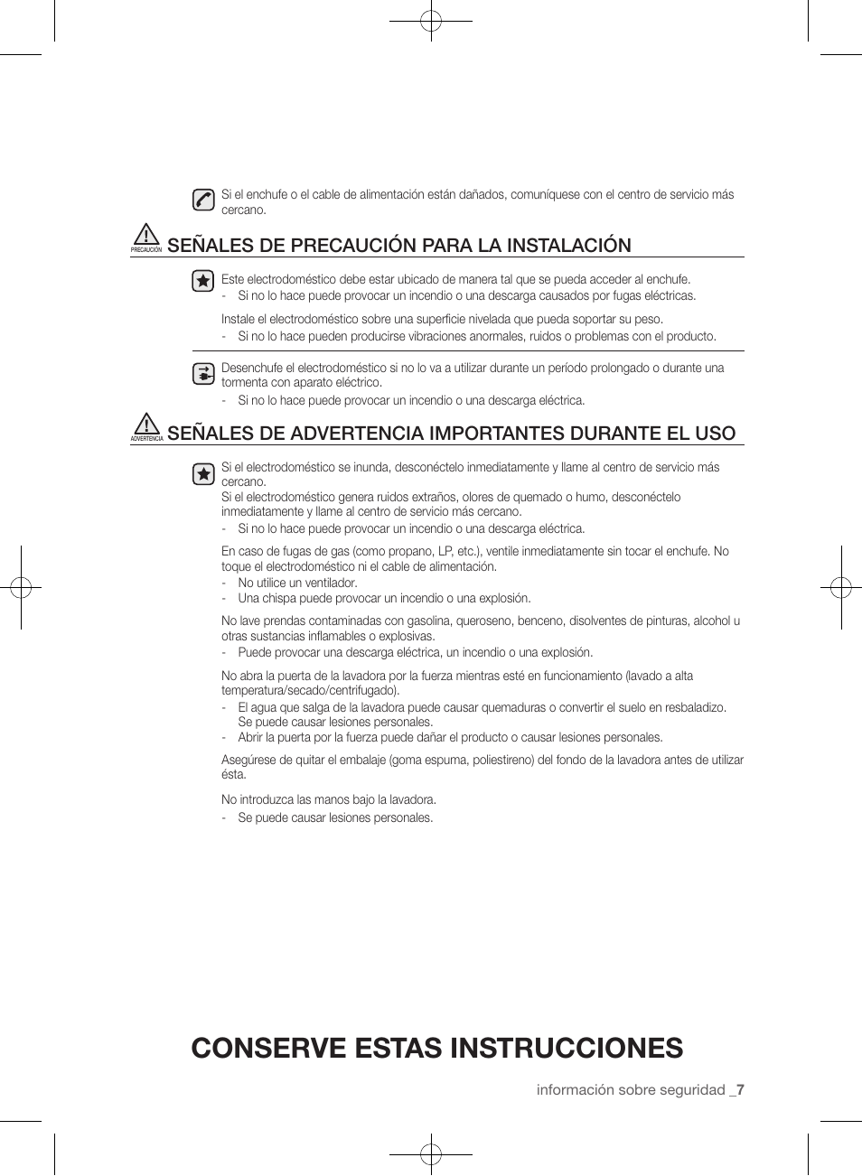 Conserve estas instrucciones, Señales de precaución para la instalación, Señales de advertencia importantes durante el uso | Samsung WF393BTPARA-A1 User Manual | Page 51 / 132