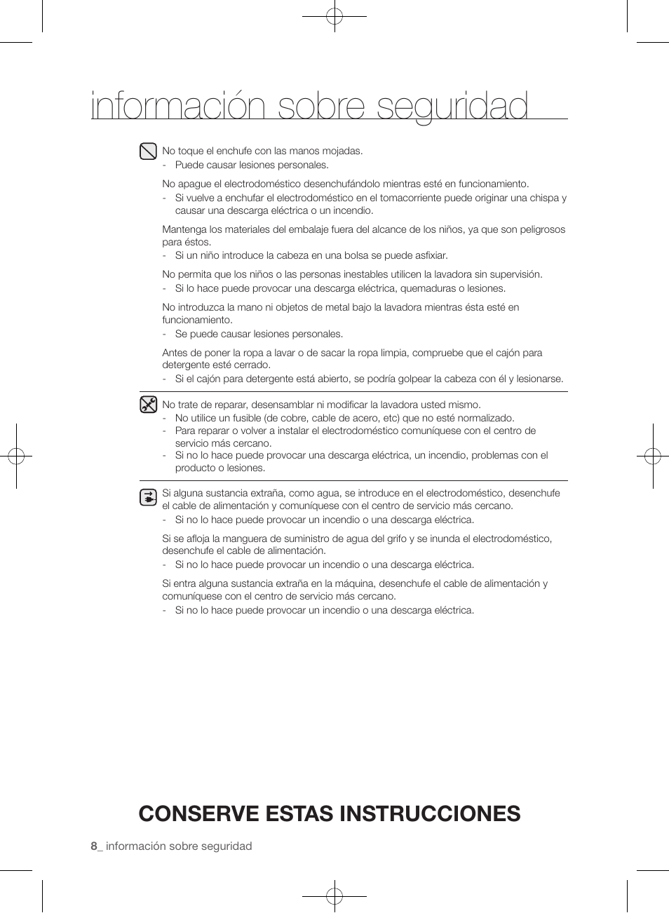 Información sobre seguridad, Conserve estas instrucciones | Samsung WF393BTPARA-A1 User Manual | Page 52 / 132