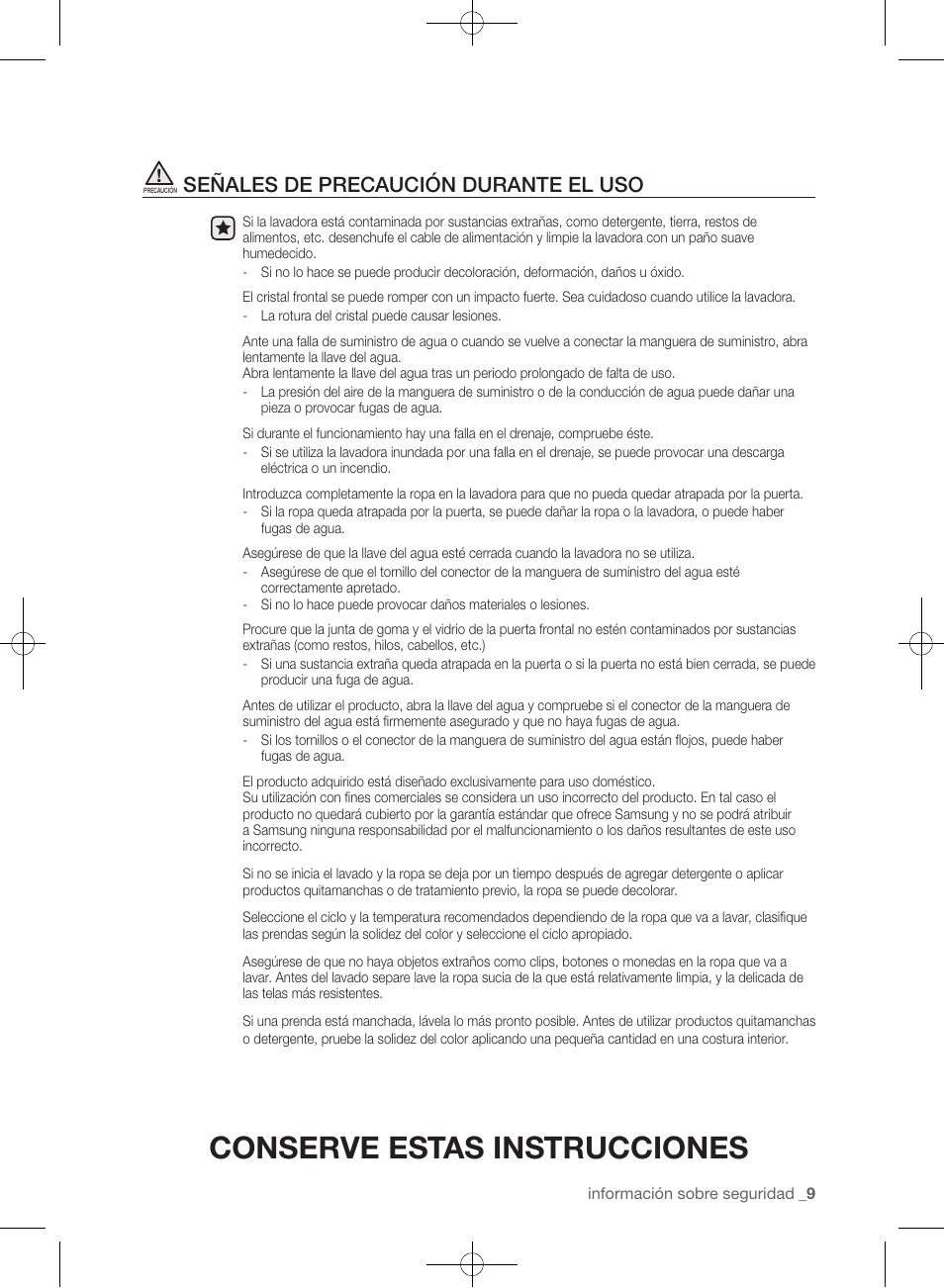 Conserve estas instrucciones, Señales de precaución durante el uso | Samsung WF393BTPARA-A1 User Manual | Page 53 / 132