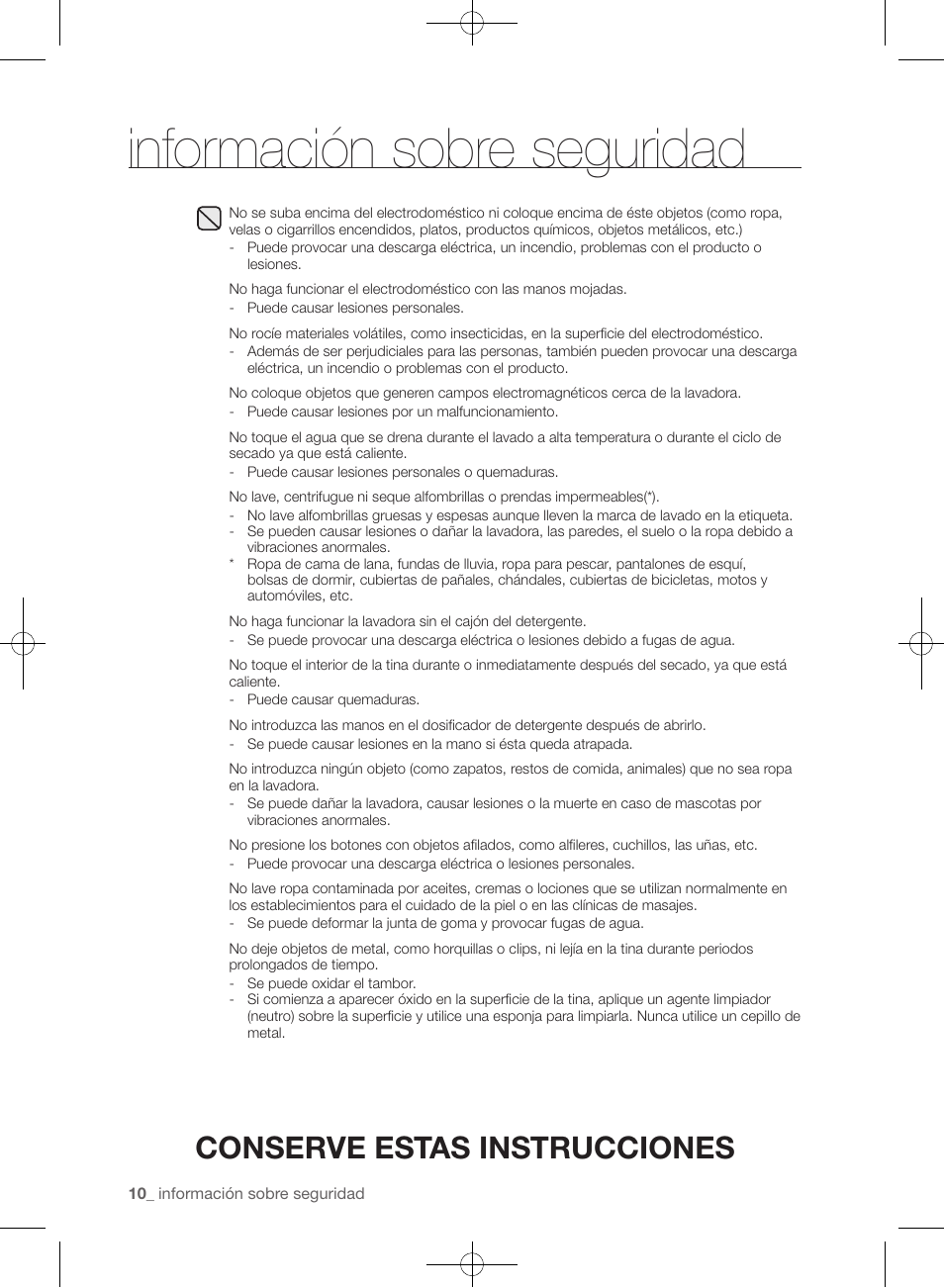 Información sobre seguridad, Conserve estas instrucciones | Samsung WF393BTPARA-A1 User Manual | Page 54 / 132