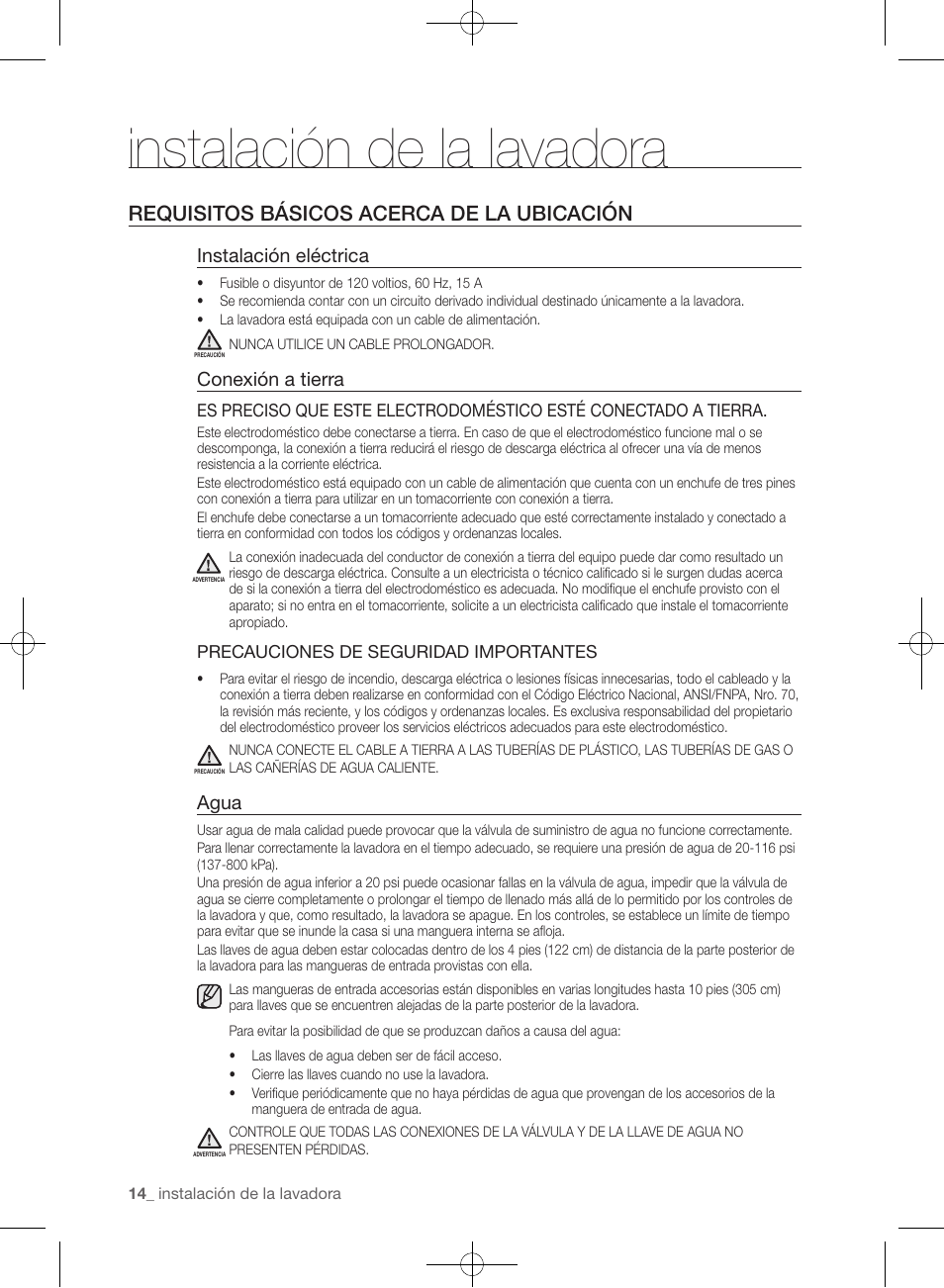 Instalación de la lavadora, Requisitos básicos acerca de la ubicación, Instalación eléctrica | Conexión a tierra, Agua | Samsung WF393BTPARA-A1 User Manual | Page 58 / 132