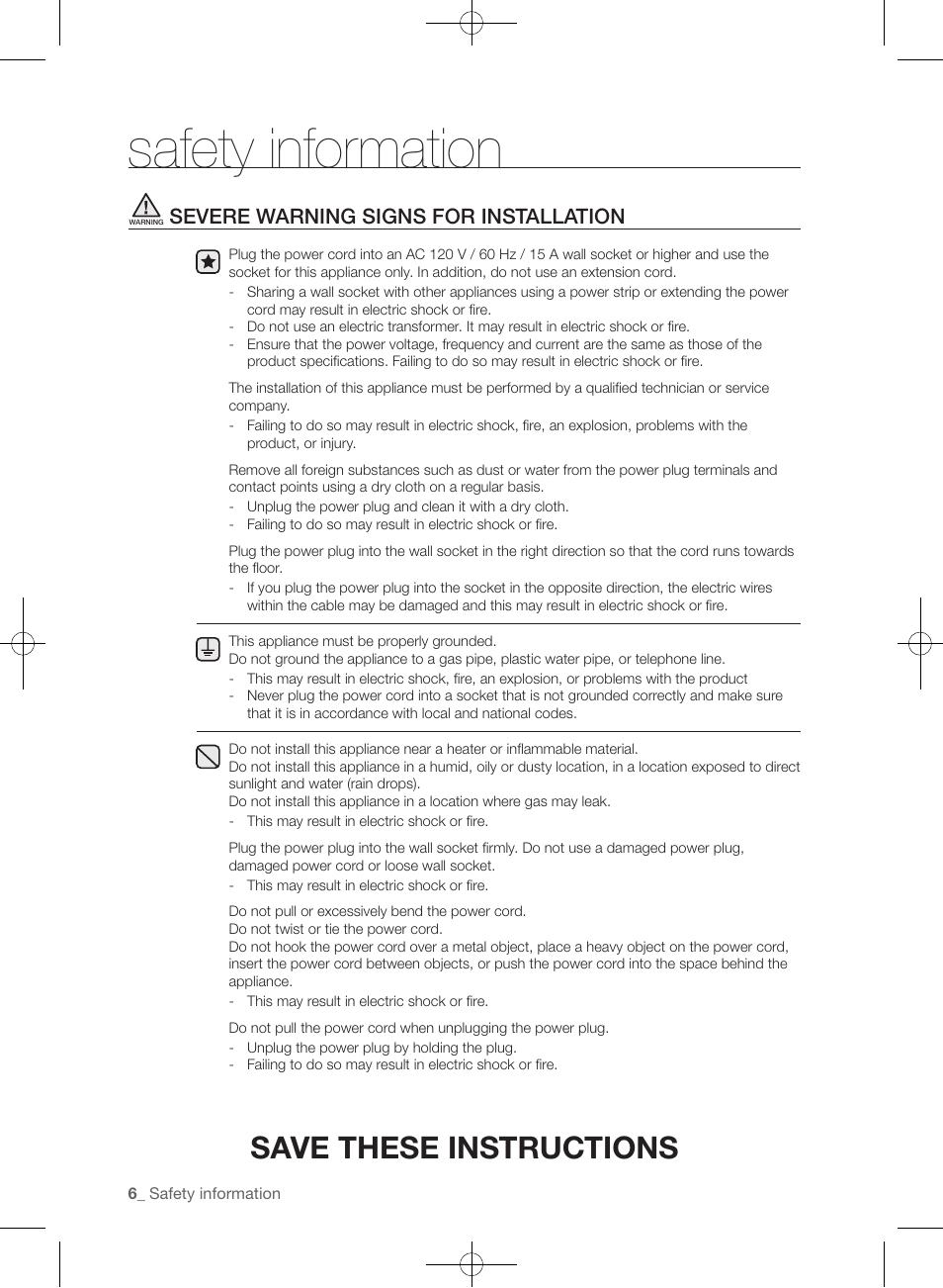 Safety information, Save these instructions, Severe warning signs for installation | Samsung WF393BTPARA-A1 User Manual | Page 6 / 132
