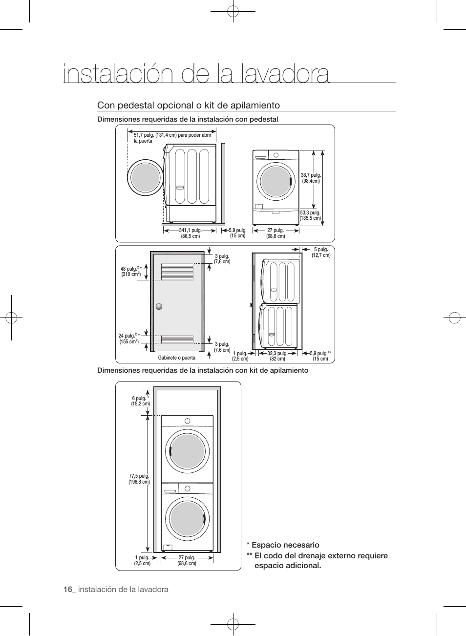 Instalación de la lavadora, Con pedestal opcional o kit de apilamiento | Samsung WF393BTPARA-A1 User Manual | Page 60 / 132