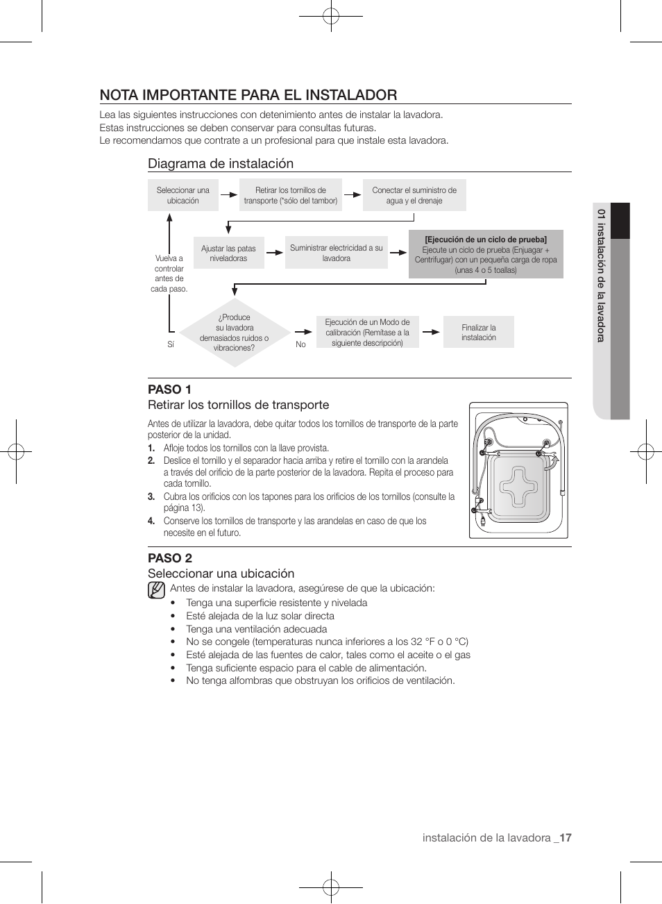 Nota importante para el instalador, Diagrama de instalación, Paso 1 retirar los tornillos de transporte | Paso 2 seleccionar una ubicación | Samsung WF393BTPARA-A1 User Manual | Page 61 / 132
