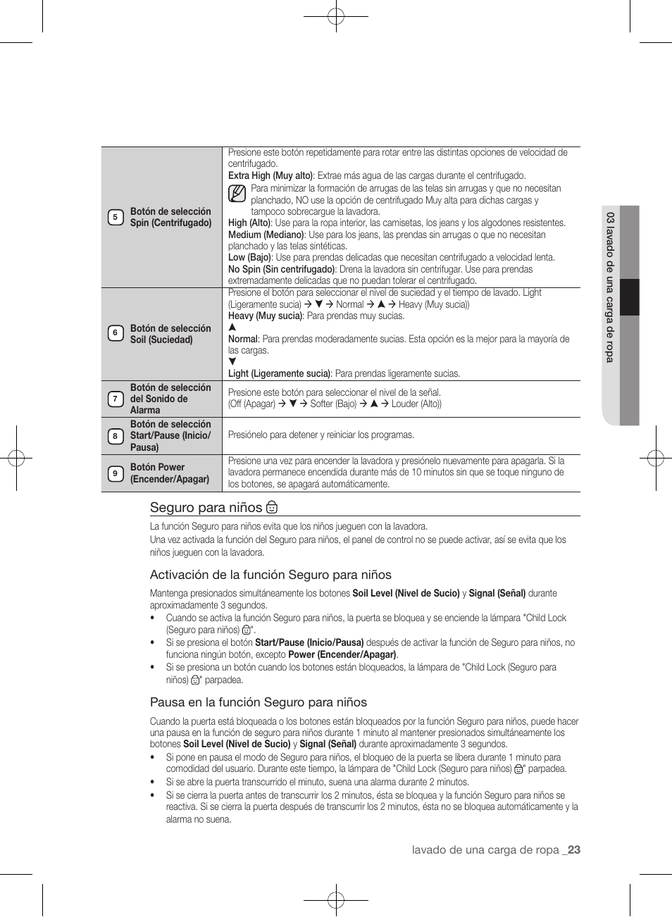 Seguro para niños | Samsung WF393BTPARA-A1 User Manual | Page 67 / 132