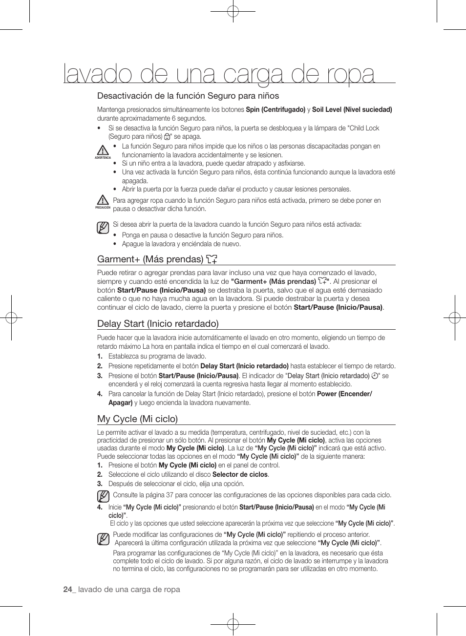 Lavado de una carga de ropa, Garment+ (más prendas), Delay start (inicio retardado) | My cycle (mi ciclo) | Samsung WF393BTPARA-A1 User Manual | Page 68 / 132