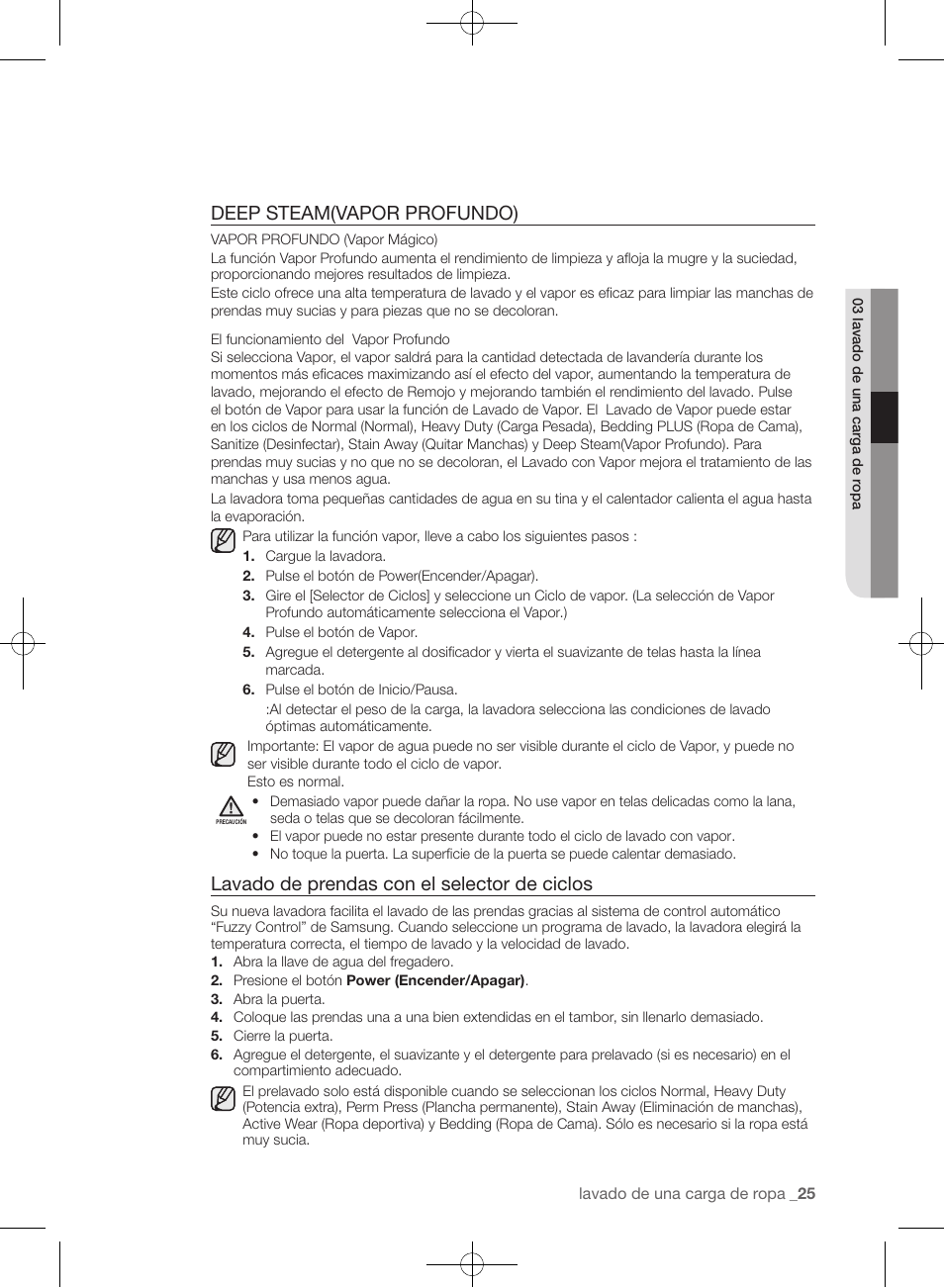 Deep steam(vapor profundo), Lavado de prendas con el selector de ciclos | Samsung WF393BTPARA-A1 User Manual | Page 69 / 132