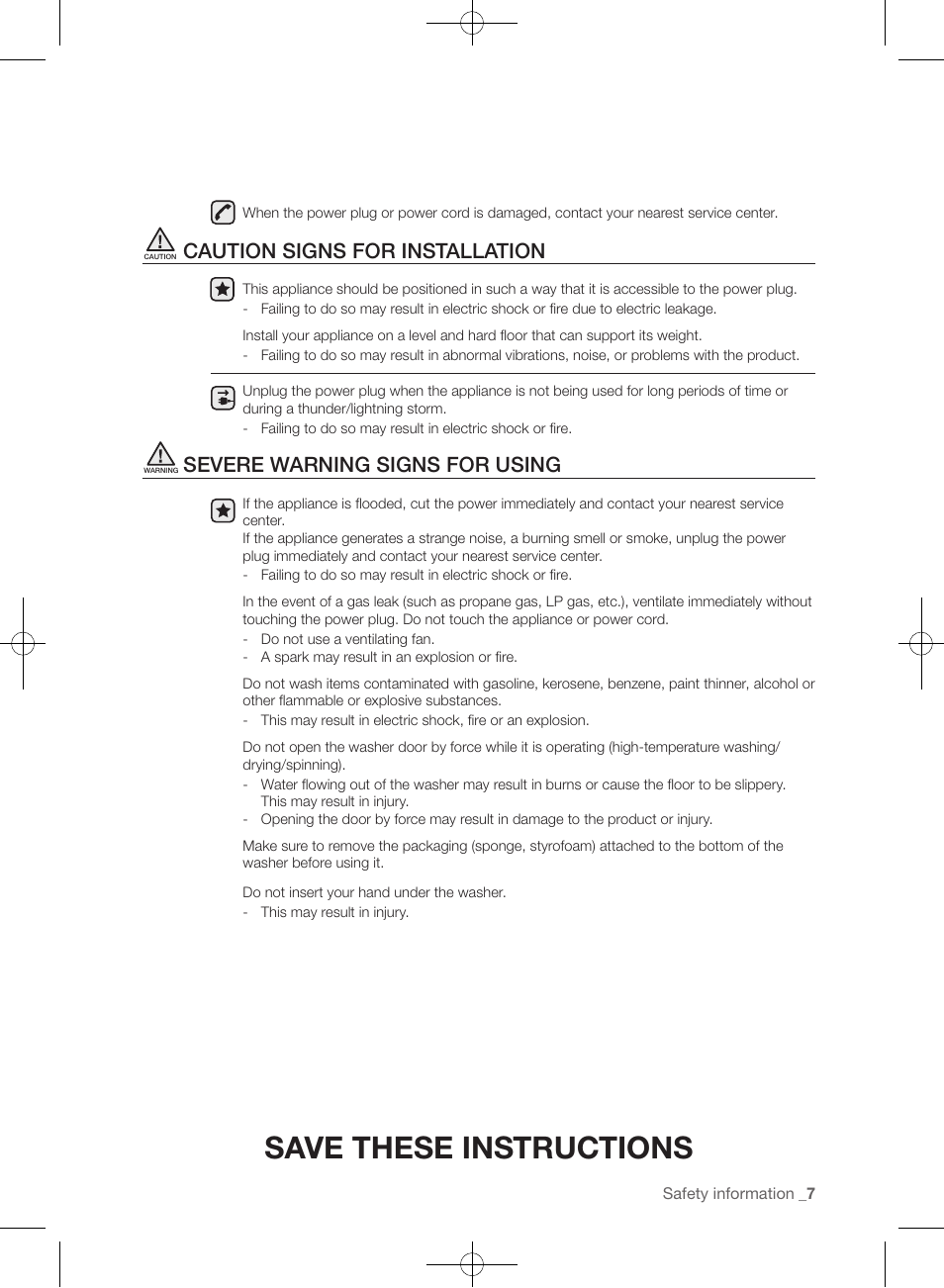 Save these instructions, Caution signs for installation, Severe warning signs for using | Samsung WF393BTPARA-A1 User Manual | Page 7 / 132