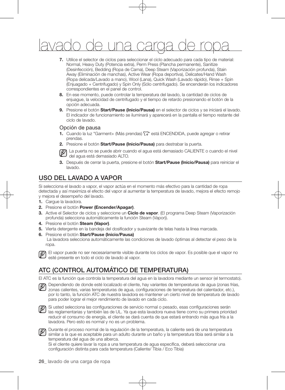 Lavado de una carga de ropa, Uso del lavado a vapor, Atc (control automático de temperatura) | Samsung WF393BTPARA-A1 User Manual | Page 70 / 132