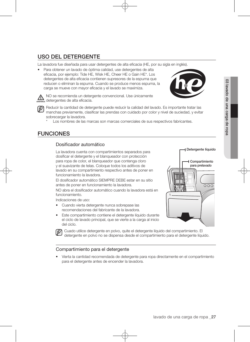 Uso del detergente, Funciones | Samsung WF393BTPARA-A1 User Manual | Page 71 / 132