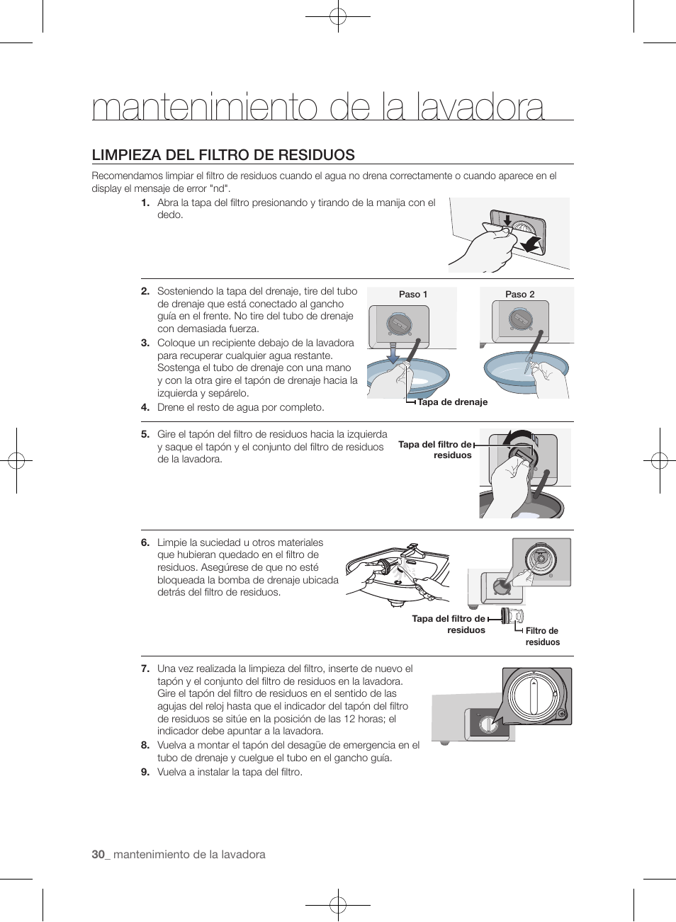 Mantenimiento de la lavadora, Limpieza del filtro de residuos | Samsung WF393BTPARA-A1 User Manual | Page 74 / 132