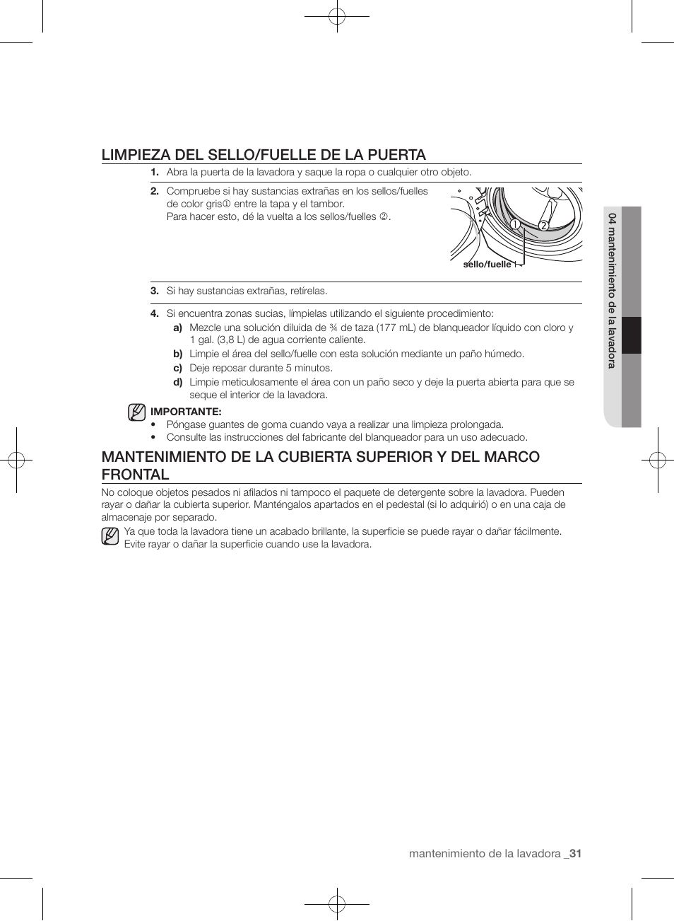 Limpieza del sello/fuelle de la puerta | Samsung WF393BTPARA-A1 User Manual | Page 75 / 132
