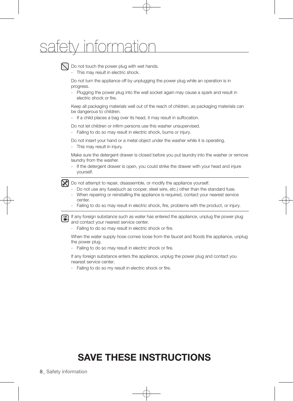 Safety information, Save these instructions | Samsung WF393BTPARA-A1 User Manual | Page 8 / 132