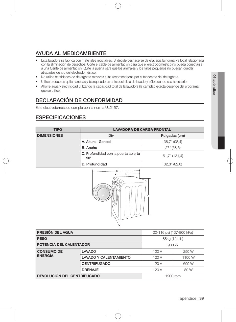Ayuda al medioambiente, Declaración de conformidad, Especificaciones | Samsung WF393BTPARA-A1 User Manual | Page 83 / 132