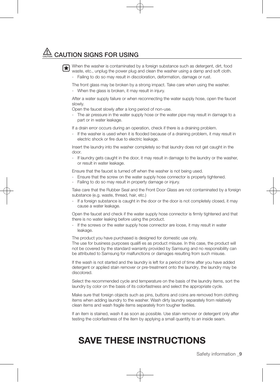 Save these instructions, Caution signs for using | Samsung WF393BTPARA-A1 User Manual | Page 9 / 132