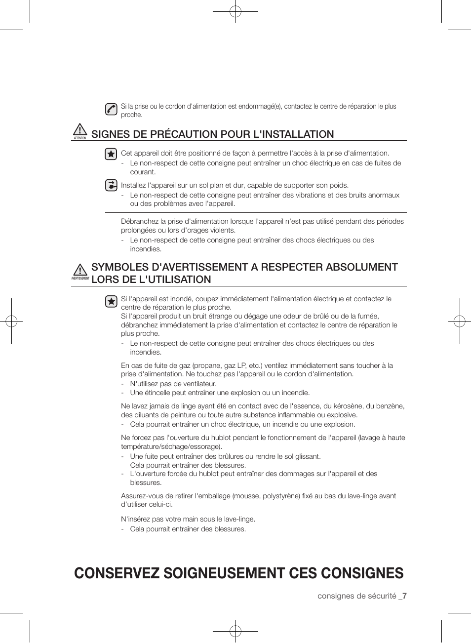 Conservez soigneusement ces consignes, Signes de précaution pour l'installation | Samsung WF393BTPARA-A1 User Manual | Page 95 / 132