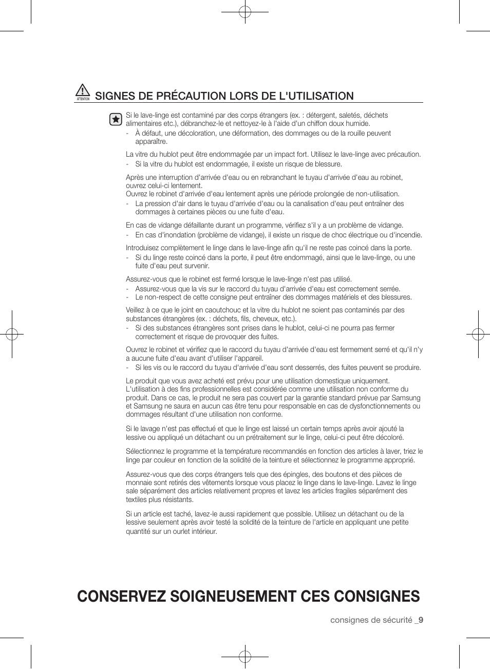 Conservez soigneusement ces consignes, Signes de précaution lors de l'utilisation | Samsung WF393BTPARA-A1 User Manual | Page 97 / 132