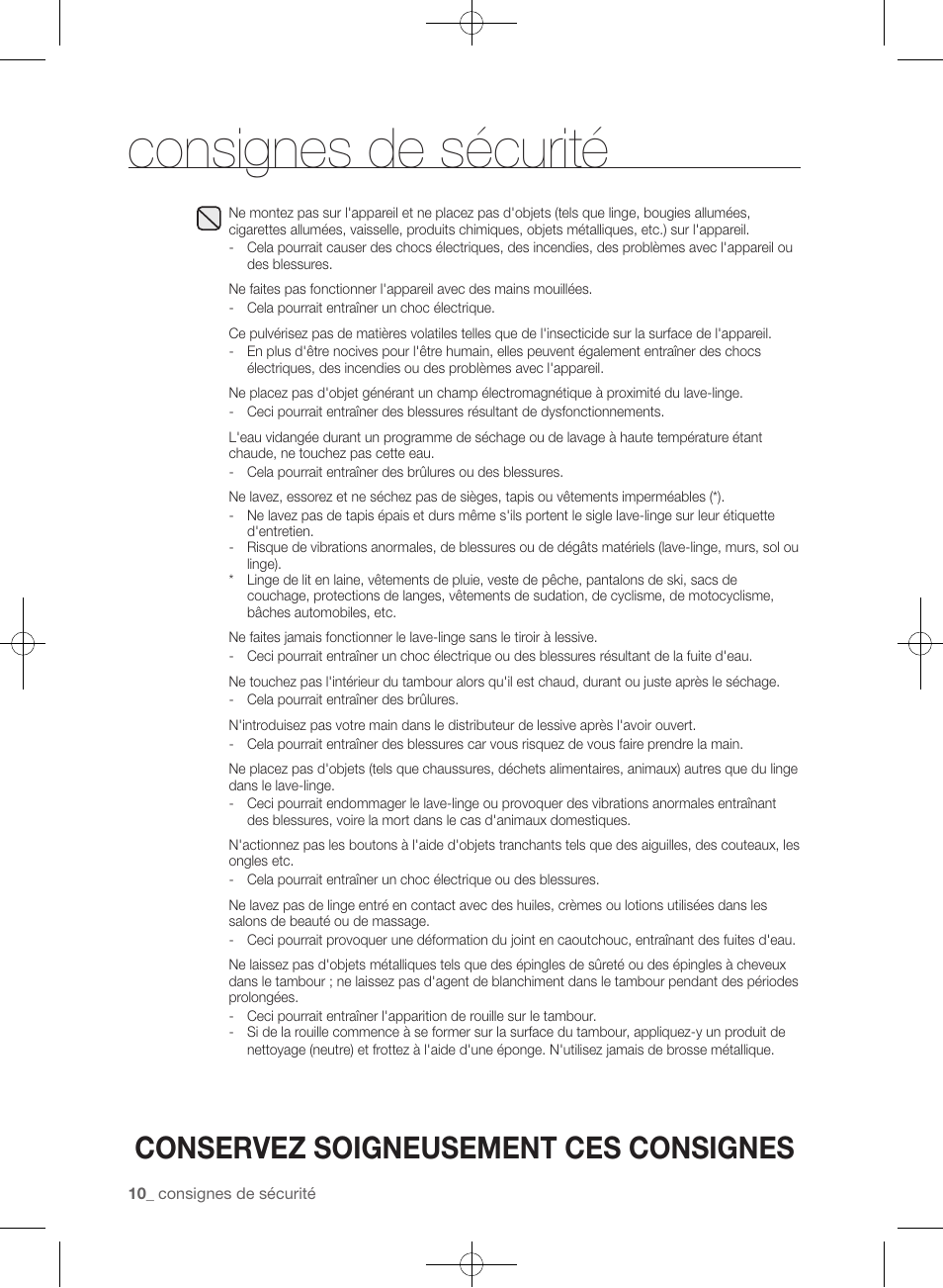 Consignes de sécurité, Conservez soigneusement ces consignes | Samsung WF393BTPARA-A1 User Manual | Page 98 / 132