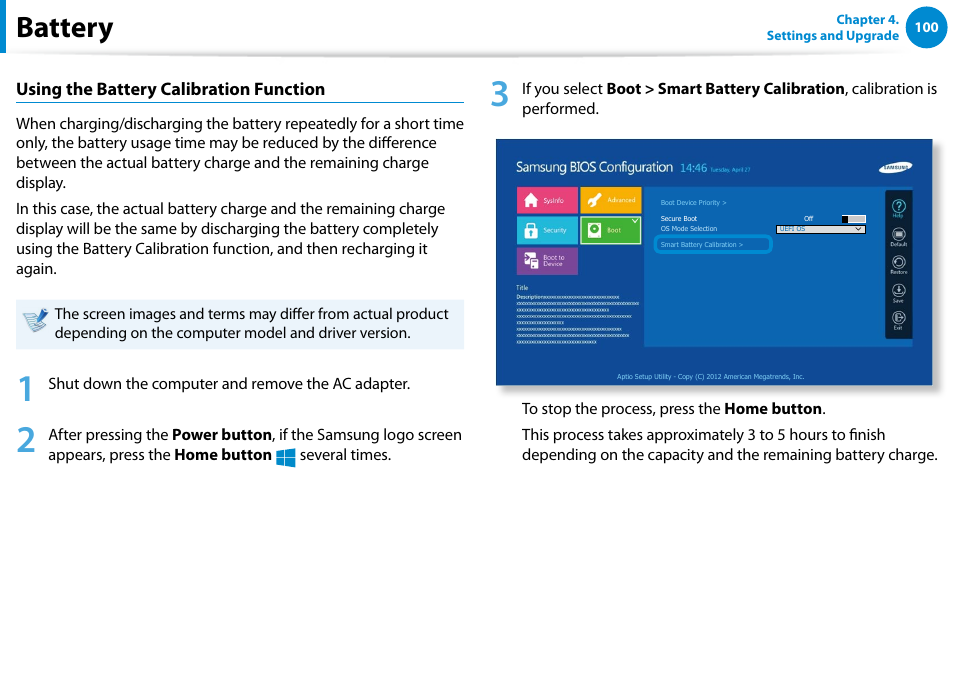 Battery, Using the battery calibration function | Samsung XE700T1C-A04US User Manual | Page 101 / 147