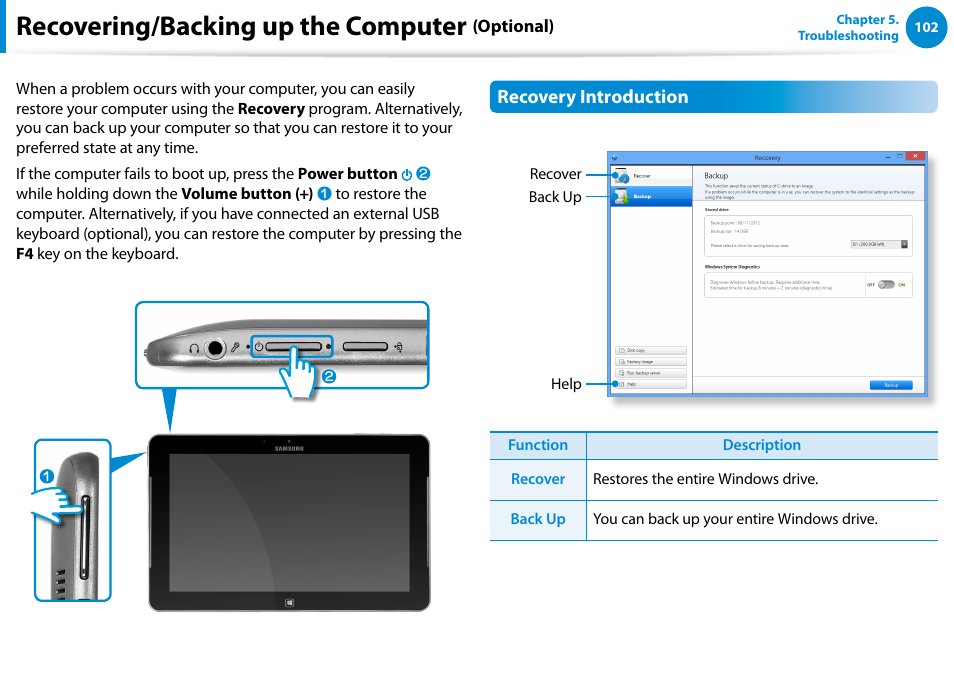 Recovering/backing up the computer (optional), Recovering/backing up the computer (optional) 102, Recovering/backing up the computer | Samsung XE700T1C-A04US User Manual | Page 103 / 147