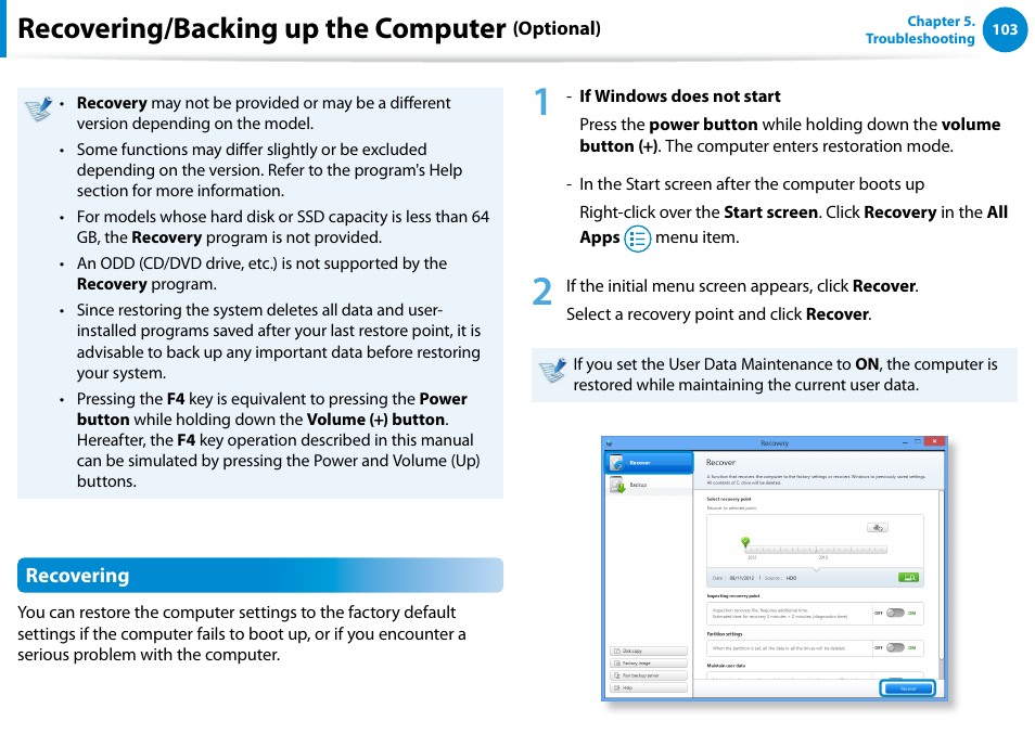 Recovering/backing up the computer | Samsung XE700T1C-A04US User Manual | Page 104 / 147