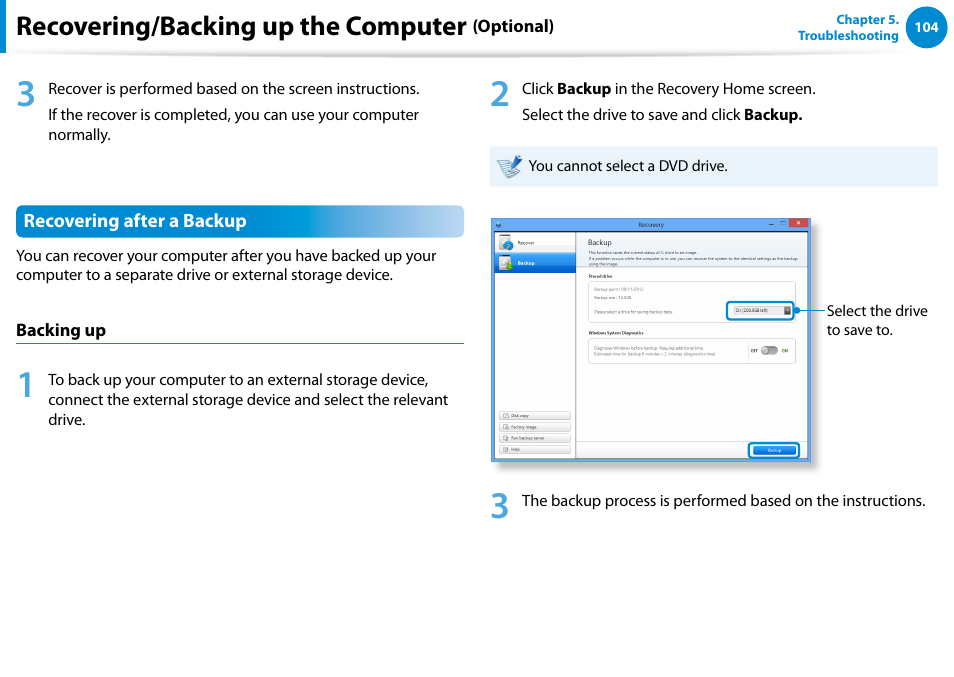 Recovering/backing up the computer | Samsung XE700T1C-A04US User Manual | Page 105 / 147