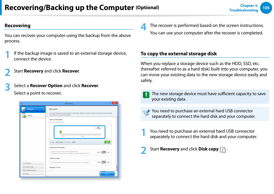 Recovering/backing up the computer | Samsung XE700T1C-A04US User Manual | Page 106 / 147