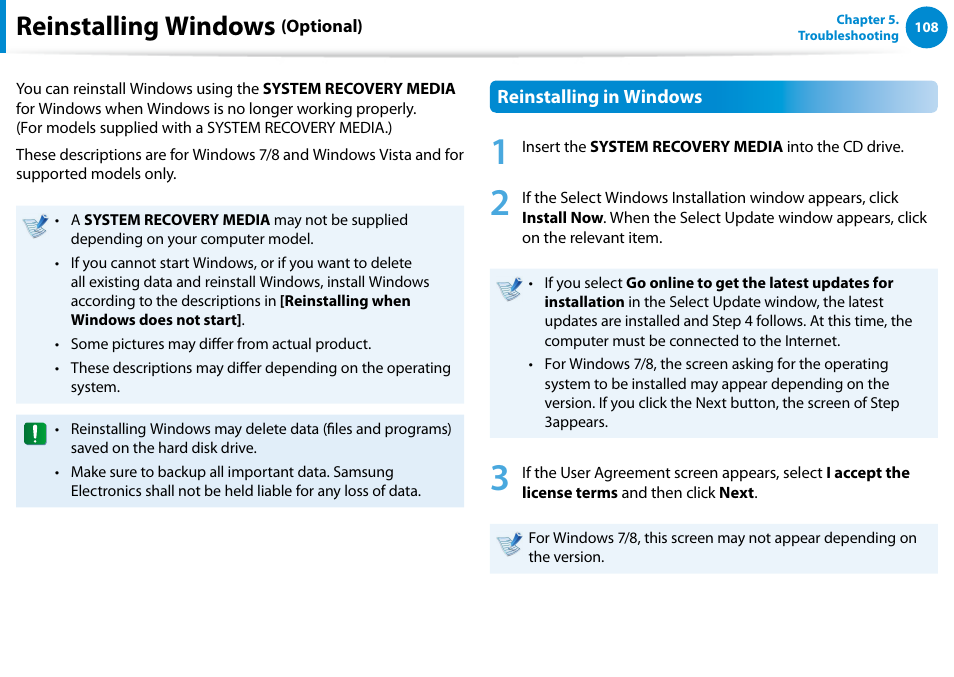 Reinstalling windows (optional), Reinstalling windows | Samsung XE700T1C-A04US User Manual | Page 109 / 147