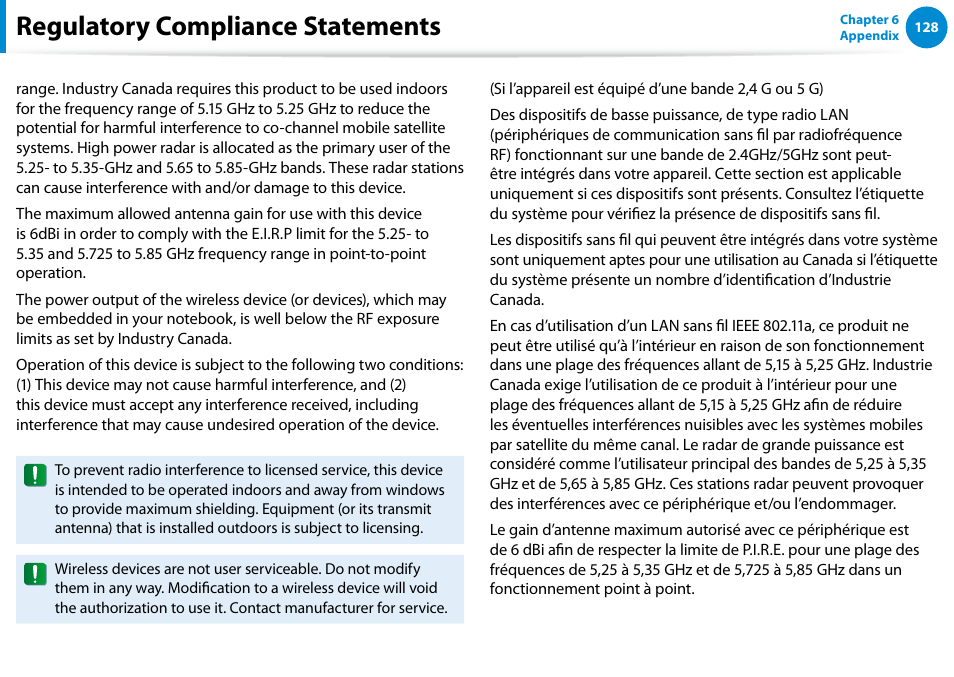 Regulatory compliance statements | Samsung XE700T1C-A04US User Manual | Page 129 / 147