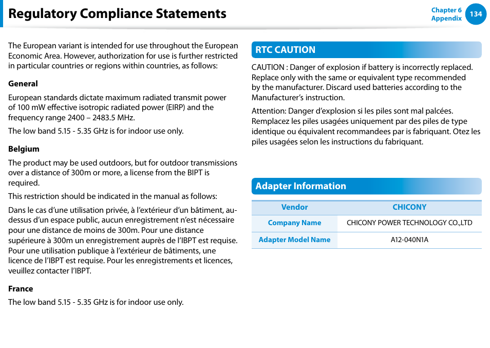 Regulatory compliance statements | Samsung XE700T1C-A04US User Manual | Page 135 / 147