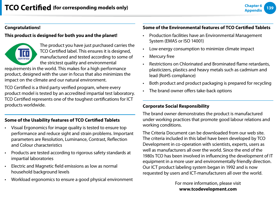 Tco certified (for corresponding models only), Tco certified | Samsung XE700T1C-A04US User Manual | Page 140 / 147