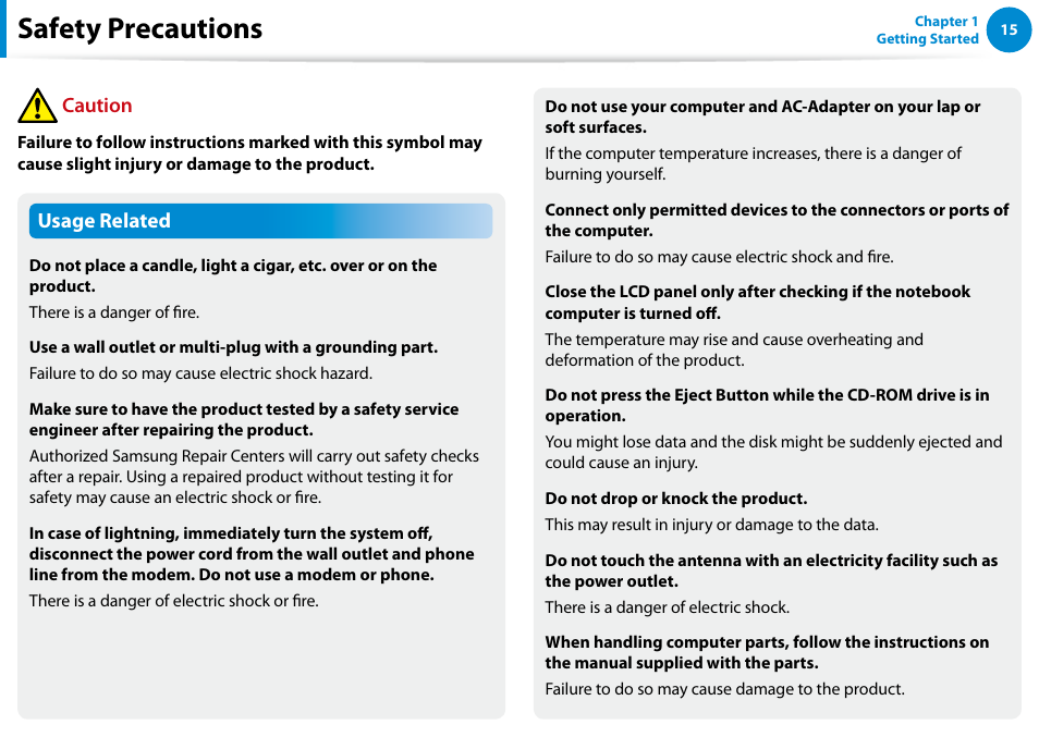 Safety precautions, Usage related, Caution | Samsung XE700T1C-A04US User Manual | Page 16 / 147