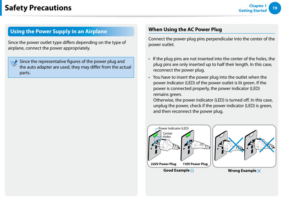 Safety precautions, Using the power supply in an airplane | Samsung XE700T1C-A04US User Manual | Page 20 / 147