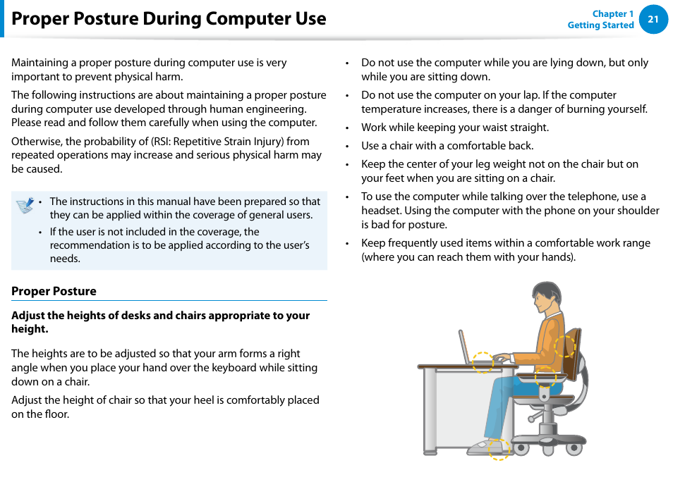 Proper posture during computer use | Samsung XE700T1C-A04US User Manual | Page 22 / 147