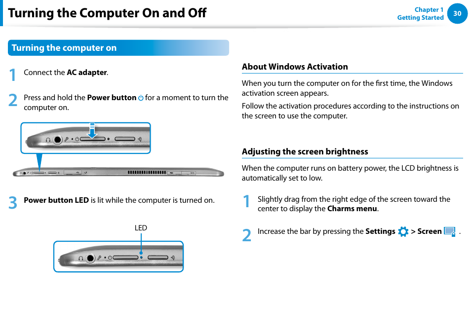 Turning the computer on and off | Samsung XE700T1C-A04US User Manual | Page 31 / 147