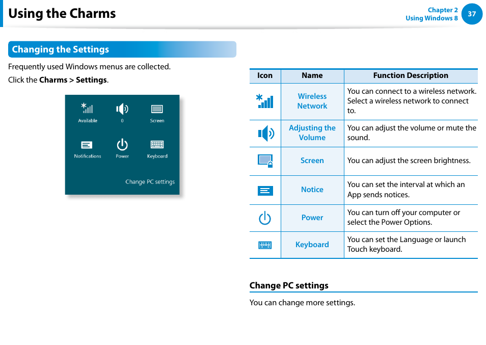 Using the charms | Samsung XE700T1C-A04US User Manual | Page 38 / 147