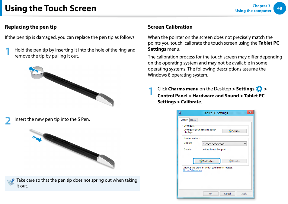 Using the touch screen | Samsung XE700T1C-A04US User Manual | Page 49 / 147