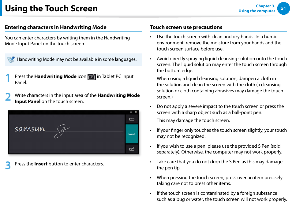 Using the touch screen | Samsung XE700T1C-A04US User Manual | Page 52 / 147