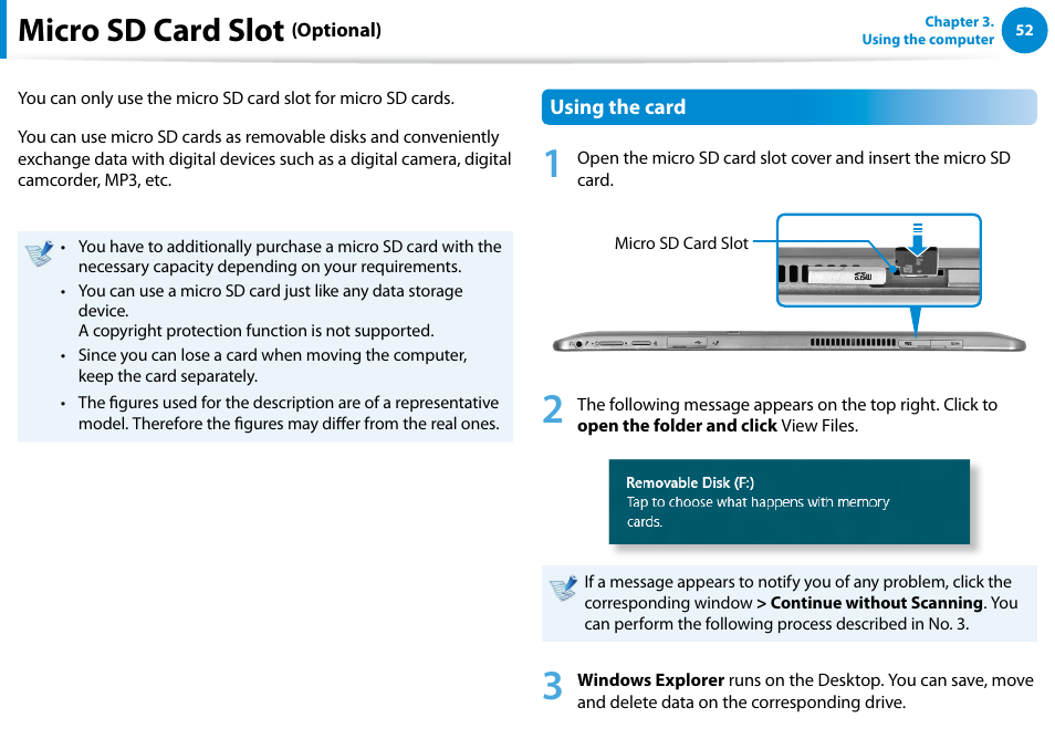 Micro sd card slot (optional), Micro sd card slot | Samsung XE700T1C-A04US User Manual | Page 53 / 147